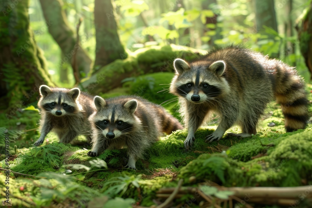 Multiple Raccoons A trio of curious raccoons stands together in a lush forest, their ...