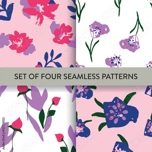 Hand drawn seamless repeat pattern collection with abstract flowers. Vector illustration. No AI generated content in this pattern set.