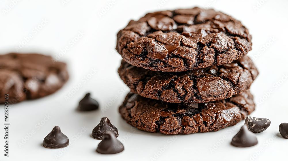 A delicious stack of thick, chocolate chip cookies, freshly baked with scattered chocolate chips placed on a clean, white background to emphasize their appeal. A delicious stack of thick, chocolate chip cookies, freshly baked with scattered chocolate chips placed on a clean, white background to emphasize their appeal.