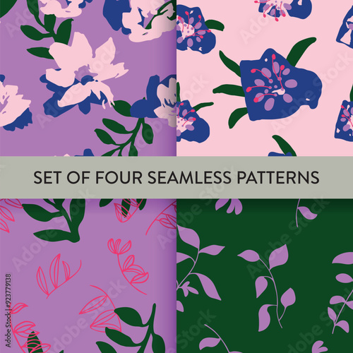 Hand drawn abstract flowers, leaves, branch seamless repeat pattern collection. Vector illustration. No AI generated content in this pattern set.