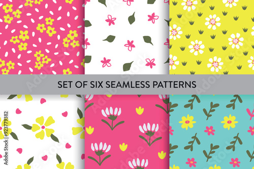Floral seamless repeat pattern set with hand drawn cute pretty daisy flowers, leaves, branches. Vector illustration. No AI generated content in this pattern set.