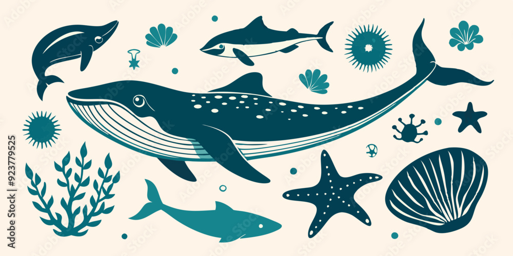 Ocean animal linocut vector set, whale grunge print, woodcut stamp, wild sea mammal silhouette. Summer marine retro collection, hand drawn underwater shark, coral, stingray. Ocean animal illustration Ocean animal linocut vector set, whale grunge print, woodcut stamp, wild sea mammal silhouette. Summer marine retro collection, hand drawn underwater shark, coral, stingray. Ocean animal illustration
