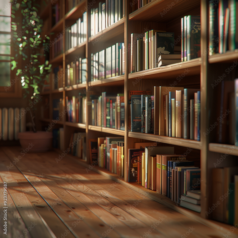 Cozy home library with sunlight casting shadows. Cozy home library with sunlight casting shadows.