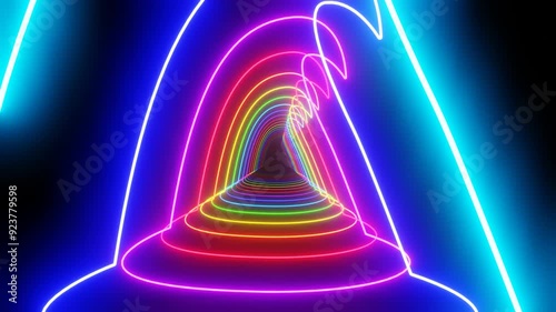 3d render futuristic wireframe grid outline witch hat glowing neon rainbow LGBT laser tunnel. Halloween funny party disco celebration background isolated black in space night sky. Animation loop 4k