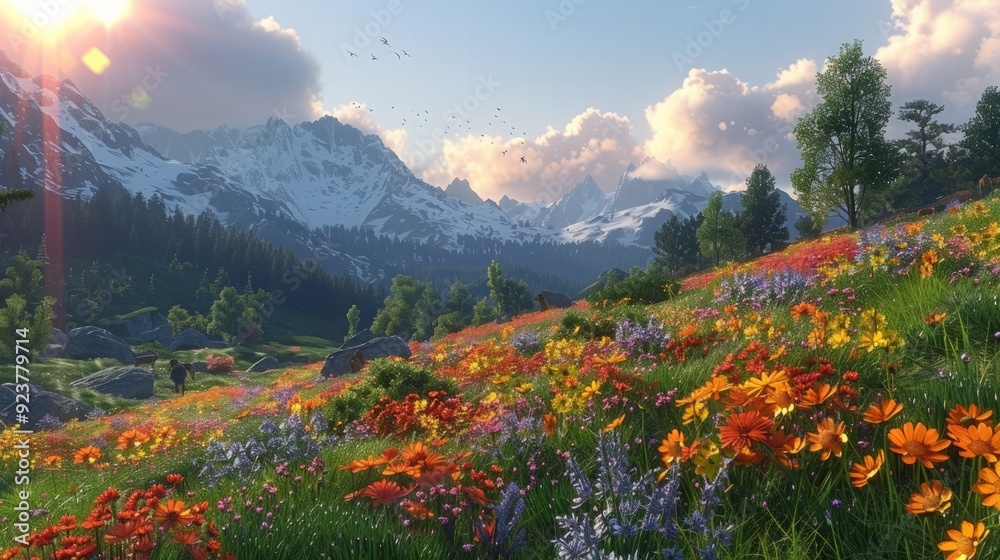 Fototapeta premium A 3D render of a family biking along a scenic trail, detailed bikes moving past fields of colorful flowers, with small animals in the distance.