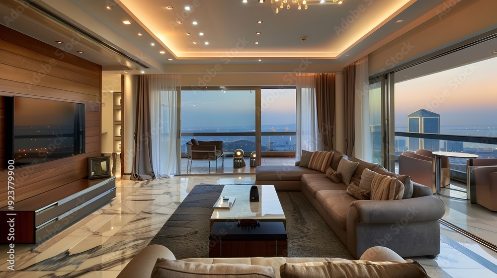 Modern Living Room with City View. Modern Living Room with City View.