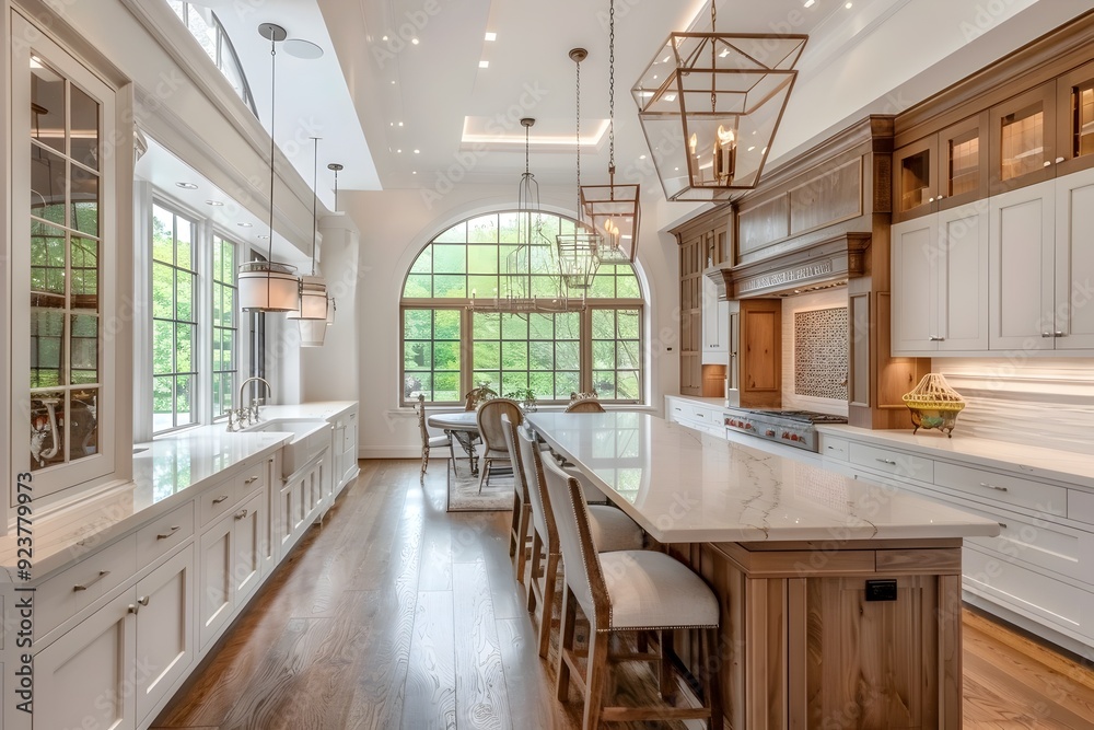 Luxurious Kitchen Island with White Cabinets and Natural Light. Luxurious Kitchen Island with White Cabinets and Natural Light.