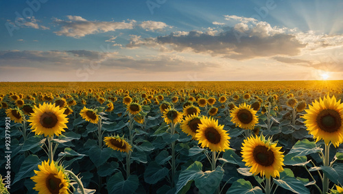 Sunflower field, bright yellow, stretching to the sky, clear blue photo