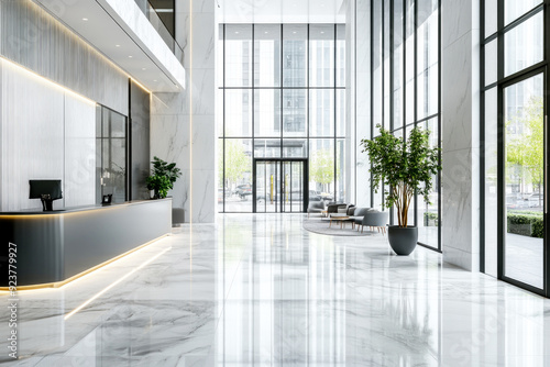 A modern and spacious reception area with a sleek design, featuring large windows, a marble floor, a reception desk, and waiting area.