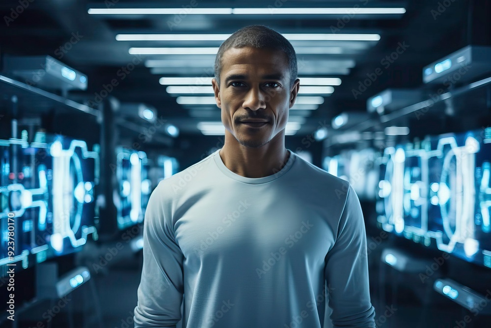 Fototapeta premium A confident man stands in a futuristic setting with vibrant lights and technology, embodying strength and innovation.