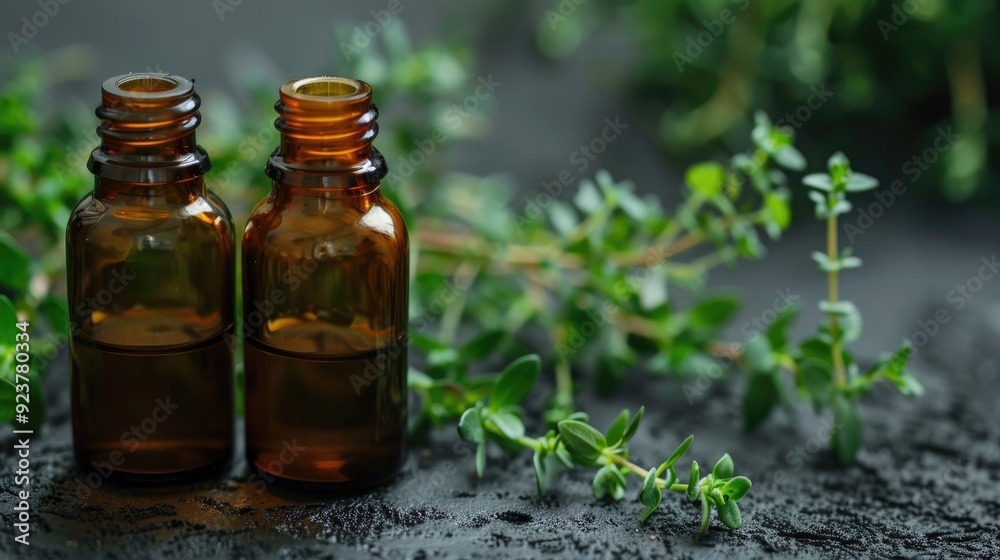 Thyme essential oil in green thyme leaves Two small brown glass bottles Space for text Thyme essential oil in green thyme leaves Two small brown glass bottles Space for text