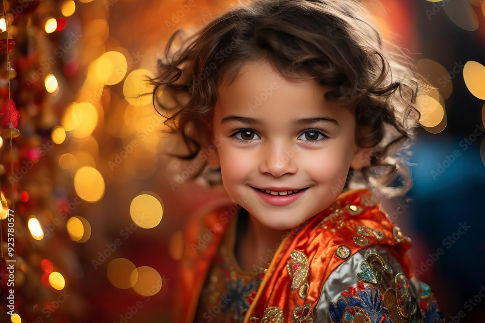A joyful child with curly hair smiles warmly, surrounded by twinkling lights, capturing the essence of happiness and innocence. A joyful child with curly hair smiles warmly, surrounded by twinkling lights, capturing the essence of happiness and innocence.