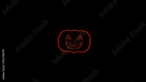 3d render of a futuristic neon glowing illuminating orange laser outline pumpkin shape tunnel in black space sky. Halloween party disco wireframe grid template. Animation loop 4k