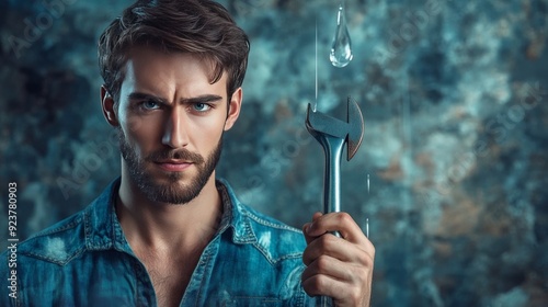 Young man holds dripping tool. photo