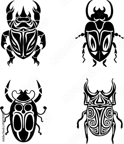 Rhinoceros beetle silhouette with tribal patterns in Polynesian style. Vector set of monochrome sketches of insect on transparent background