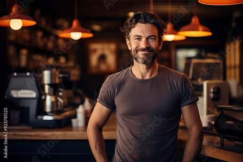 Cheerful barista standing in a cozy coffee shop, showcasing passion for coffee and customer service in a warm atmosphere.