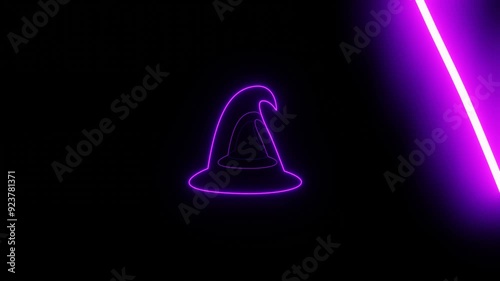 3d render of a futuristic neon glowing illuminating purple laser outline witch sorcerer hat shape tunnel in black space sky. Halloween party disco wireframe grid template. Animation loop 4k