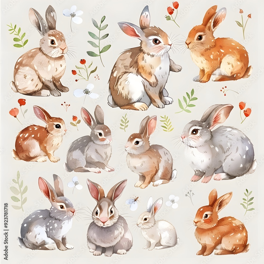 Fototapeta premium Multiple Rabbits in Various Poses on a Solid Background. A Charming and Playful Representation of Bunnies in Different Forms. Capturing the Diversity and Cuteness of Rabbits in a Simple, Clean Setting