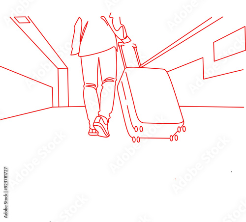 Oneline drawing back view of girl traveler walking holding cooper design vector