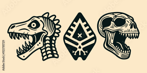 Dinosaur skeleton linocut print set, tattoo dino skull, vector prehistoric archaeology fossil icon. Jurassic reptile engraving sticker, triceratops silhouette, reptor head. Dinosaur skeleton woodcut 