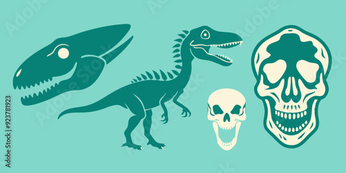 Dinosaur skeleton linocut print set, tattoo dino skull, vector prehistoric archaeology fossil icon. Jurassic reptile engraving sticker, triceratops silhouette, reptor head. Dinosaur skeleton woodcut 