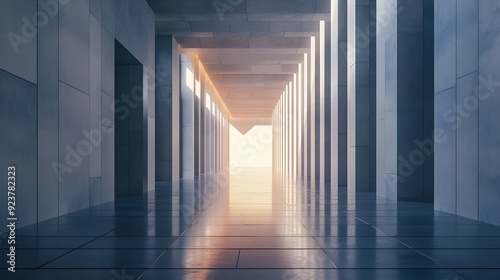 Empty long corridor leading to illuminated exit, graphic resources