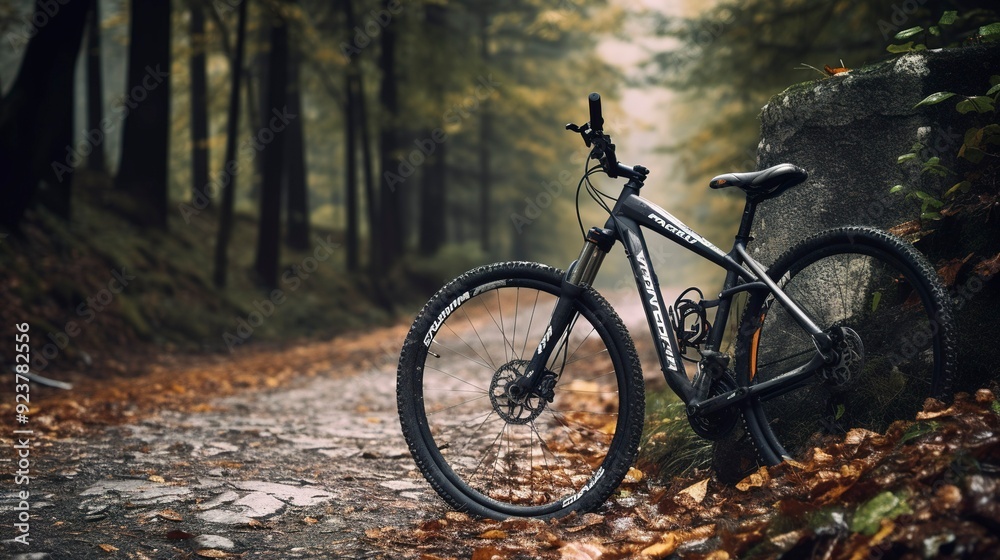 A photo of a bicycle leaning against a trail A photo of a bicycle leaning against a trail