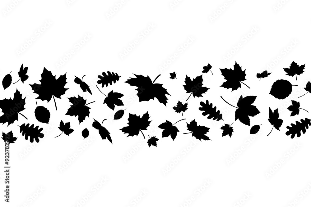 Fototapeta premium Autumn leaves falling silhouettes background. Black fall leaves random falling on white background