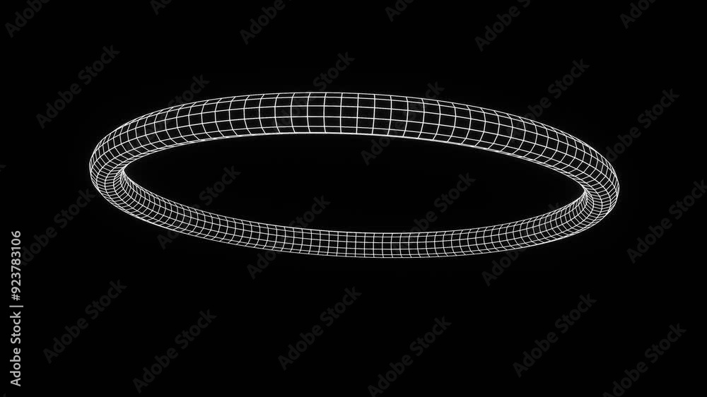 3d render abstract cyber futuristic retro y2k shape element for design. Wireframe grid glowing neon white torus spiral shape on black background isolated. Geometry poster design. Animation 4k loop 