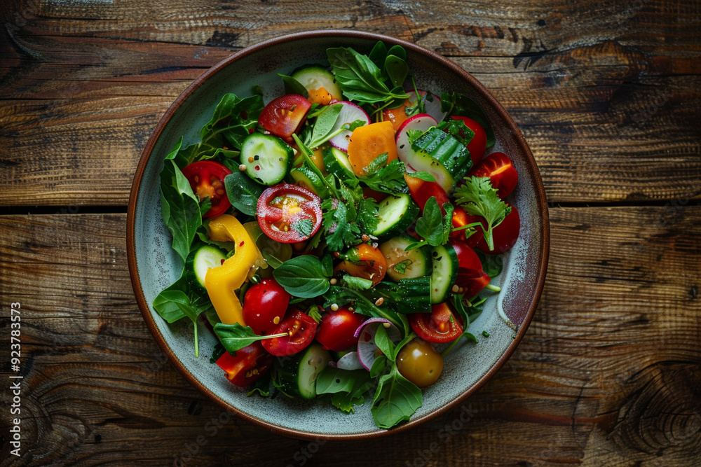 Fresh and colorful salad with tomatoes, cucumbers, and bell peppers in a bowl on a wooden table Fresh and colorful salad with tomatoes, cucumbers, and bell peppers in a bowl on a wooden table