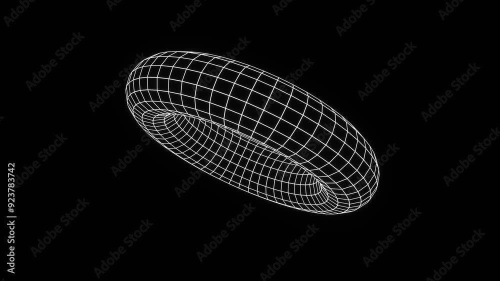 3d render of a futuristic wireframe grid cyber y2k torus shape glowing neon white on black background isolated illustration. Outline element abstract retro poster. Animation loop 4k