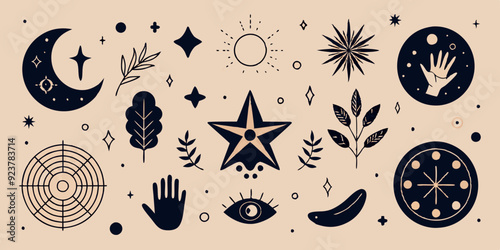 Linocut celestial icon set, vector boho lino esoteric star, engraving magic vintage element kit. Cosmic mystical grunge texture stamp, moon silhouette print hands snake, leaf. Linocut celestial object