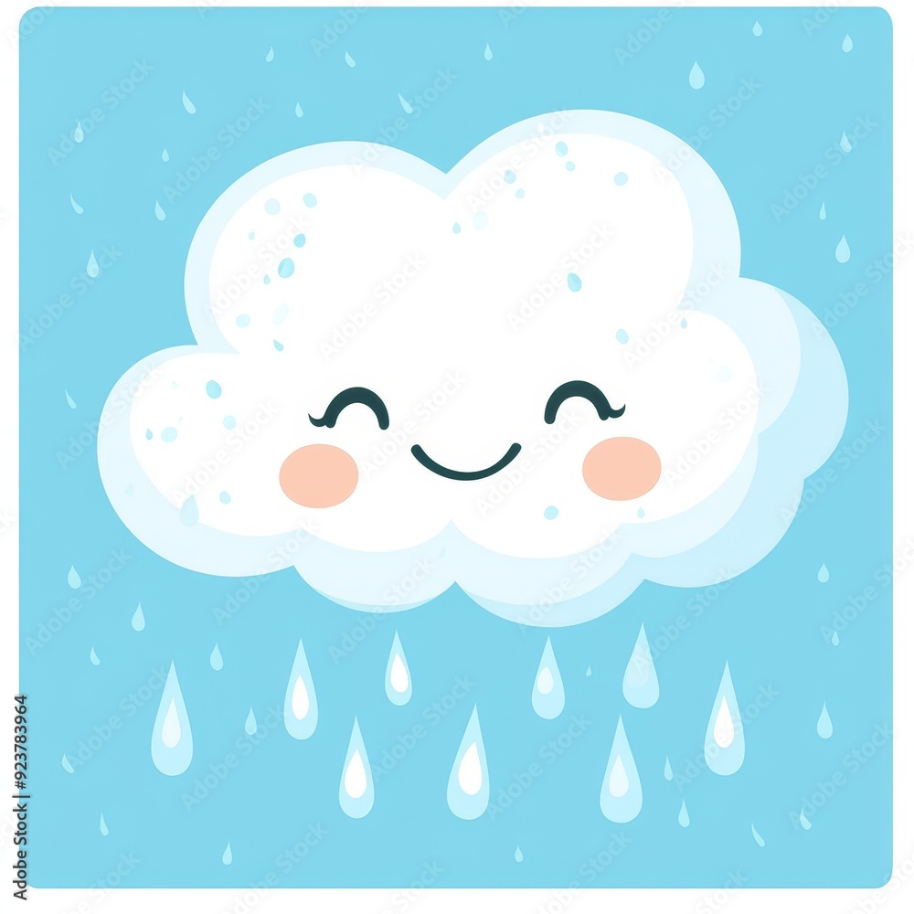 Cartoon-style clipart of a smiling cloud with raindrops 