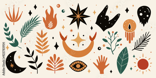 Linocut celestial icon set, vector boho lino esoteric star, engraving magic vintage element kit. Cosmic mystical grunge texture stamp, moon silhouette print hands snake, leaf. Linocut celestial object