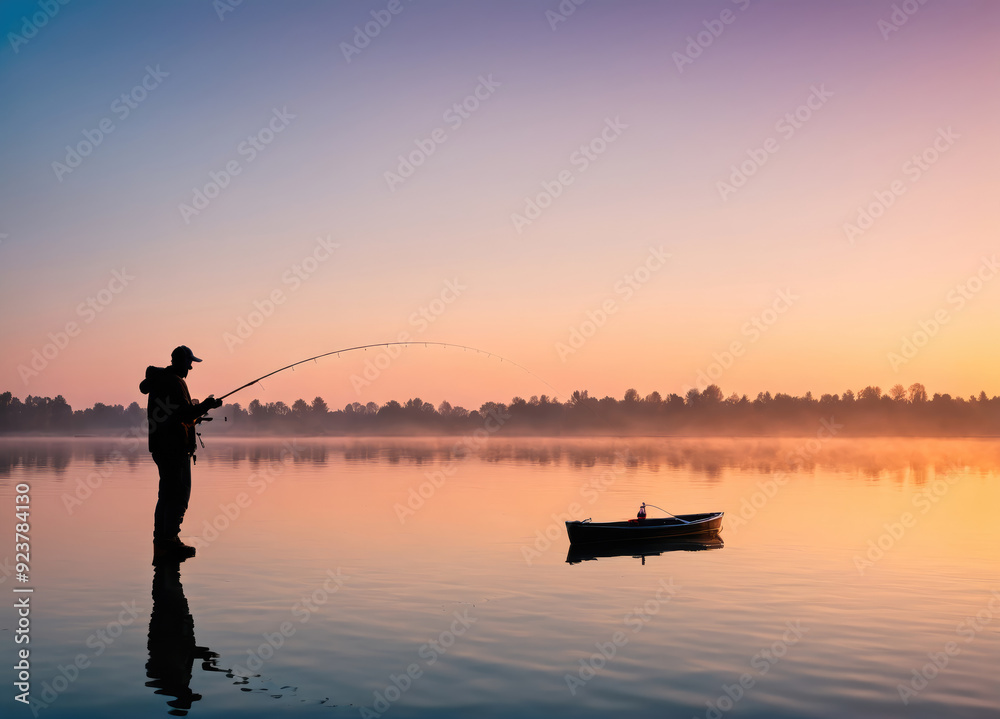 Serene Early Morning Fishing Adventure on a Calm Lake at Dawn Serene Early Morning Fishing Adventure on a Calm Lake at Dawn