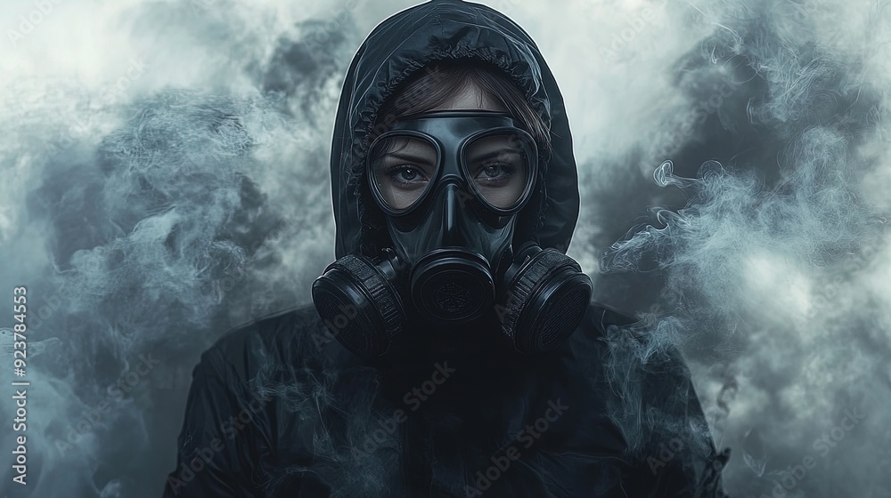 Suspenseful Poster: A Dramatic Woman in a Gas Mask Surrounded by Billowing Smoke – Perfect for Adding Atmosphere to Your Sports or Urban Interior! Suspenseful Poster: A Dramatic Woman in a Gas Mask Surrounded by Billowing Smoke – Perfect for Adding Atmosphere to Your Sports or Urban Interior!