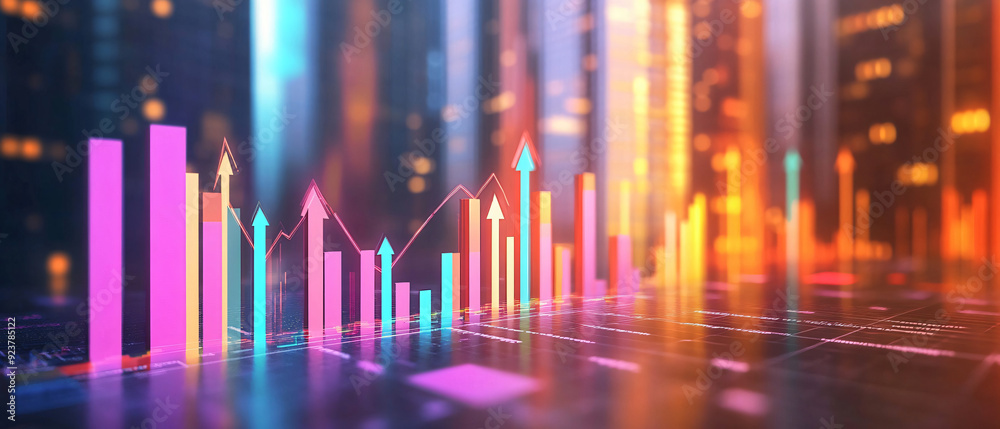 3D financial graphs with arrows pointing upwards, symbolizing rising profits 3D financial graphs with arrows pointing upwards, symbolizing rising profits