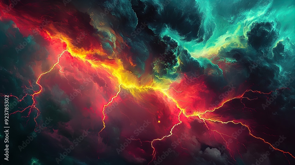 Dynamic Display of Colorful Lightning Tendrils: A Stunning Poster for Sports Interiors, Merging Intense Bright Reds and Greens Against Dark Storm Clouds Dynamic Display of Colorful Lightning Tendrils: A Stunning Poster for Sports Interiors, Merging Intense Bright Reds and Greens Against Dark Storm Clouds