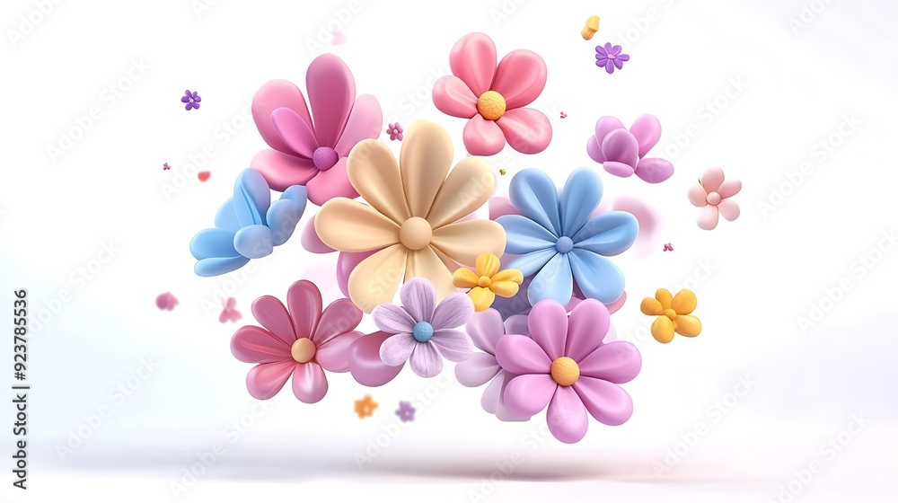 Obraz premium Whimsical 3D Clay Cartoon Flower Bouquet Floating in Air on Pure White Background