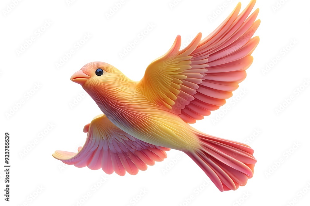 Obraz premium Playful Pastel-Colored 3D Clay Bird Soaring Mid-Flight on Pure White Background - Cartoon Style Illustration
