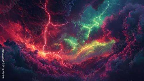 Dynamic Display of Colorful Lightning Tendrils: A Stunning Poster for Sports Interiors, Merging Intense Bright Reds and Greens Against Dark Storm Clouds