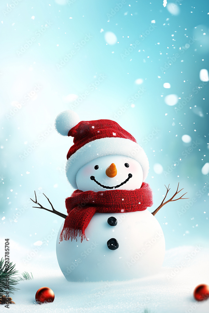 Funny and cute snowman on a snowy winter background