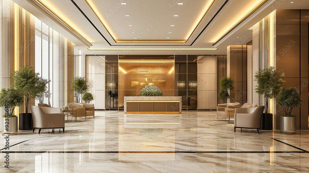 Obraz premium The interior of a luxurious and spacious hotel lobby.