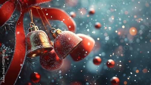 Sleigh bells and snow balls hanging on a red ribbon with snowflake scattering photo