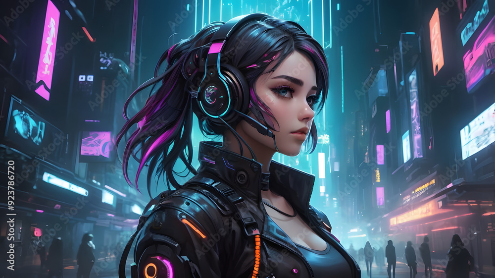 anime girl with headset vibe to music , cyberpunk, steampunk, sci-fi, fantasy anime girl with headset vibe to music , cyberpunk, steampunk, sci-fi, fantasy
