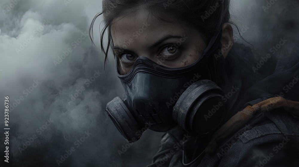 Challenging the Shadows: A Unique Poster Featuring a Resilient Female Character in Respirator Amidst Dense Smoke - Perfect for Sports or Urban Decor Challenging the Shadows: A Unique Poster Featuring a Resilient Female Character in Respirator Amidst Dense Smoke - Perfect for Sports or Urban Decor