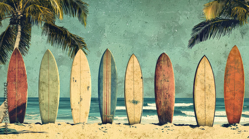 A nostalgic scene featuring a row of vintage surfboards standing upright in the sand with palm trees and ocean waves in the background, evoking beach culture and timeless adventure.
