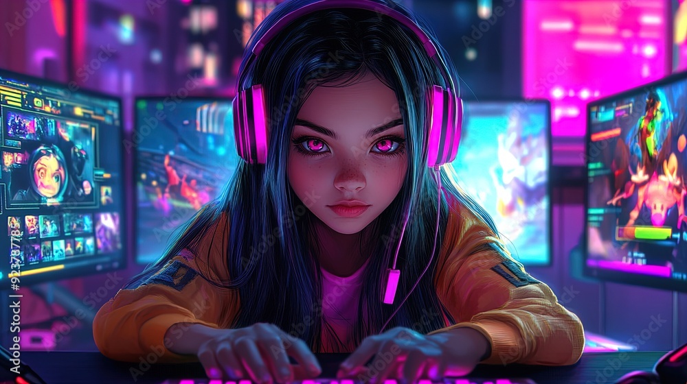 Immerse in Gaming: Dynamic Poster of a Focused Gamer Girl with Pink Eyes at a High-Tech Desk, Surrounded by Vibrant Animated Characters and Colorful Screens – Perfect for Your Gaming Room! Immerse in Gaming: Dynamic Poster of a Focused Gamer Girl with Pink Eyes at a High-Tech Desk, Surrounded by Vibrant Animated Characters and Colorful Screens – Perfect for Your Gaming Room!