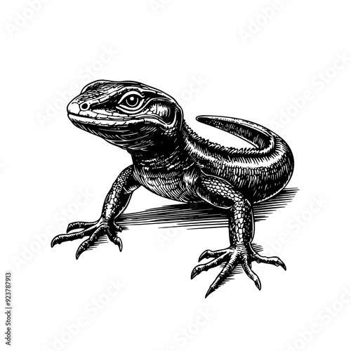 Vector illustration of a salamander in the style of a black-and-white vintage engraving with detailed line and texture work, an elegant and refined drawing for print and design