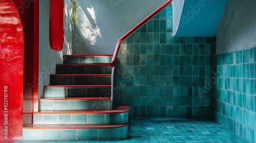 Contrasting colors of a turquoise tiled wall with red accents and a staircase create a dynamic visual experience.